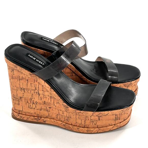Nine West Rapps Platform Wedge Sandal 8.5 NWOT Black Cork Travel Beach Resort - Picture 3 of 6